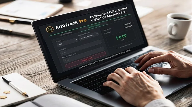 Interfaz de ArbiTrack Pro mostrando calculadora P2P Bolivares a USDT.