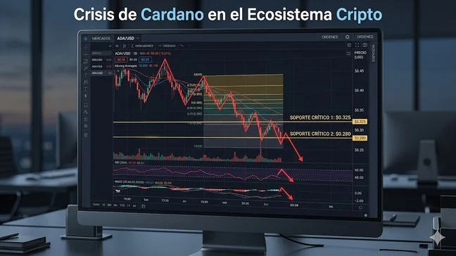 Gráfico analítico en pantalla digital que muestra la volatilidad del activo ADA frente a líneas de tendencia bajista